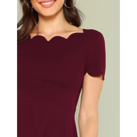 Burgundy Red Scallop Trim Fit & Flare Dress - Picture 5 of 6